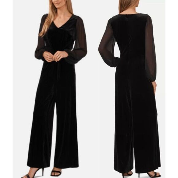 CeCe Black Velvet Tie-Waist V-Neck Long Sleeve Jumpsuit Size S - Picture 1 of 11